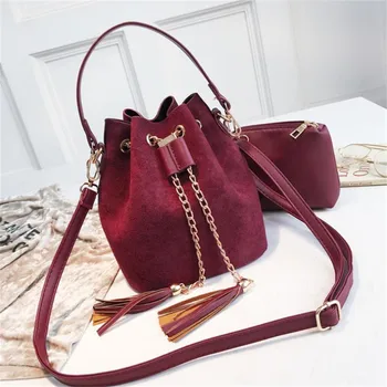 

1 Set Fashion Women Cute Suede Bucket Bag Crossbody Handbags Organizer Small Tassel PU Leather Shoulder Bags With Purse 20#42