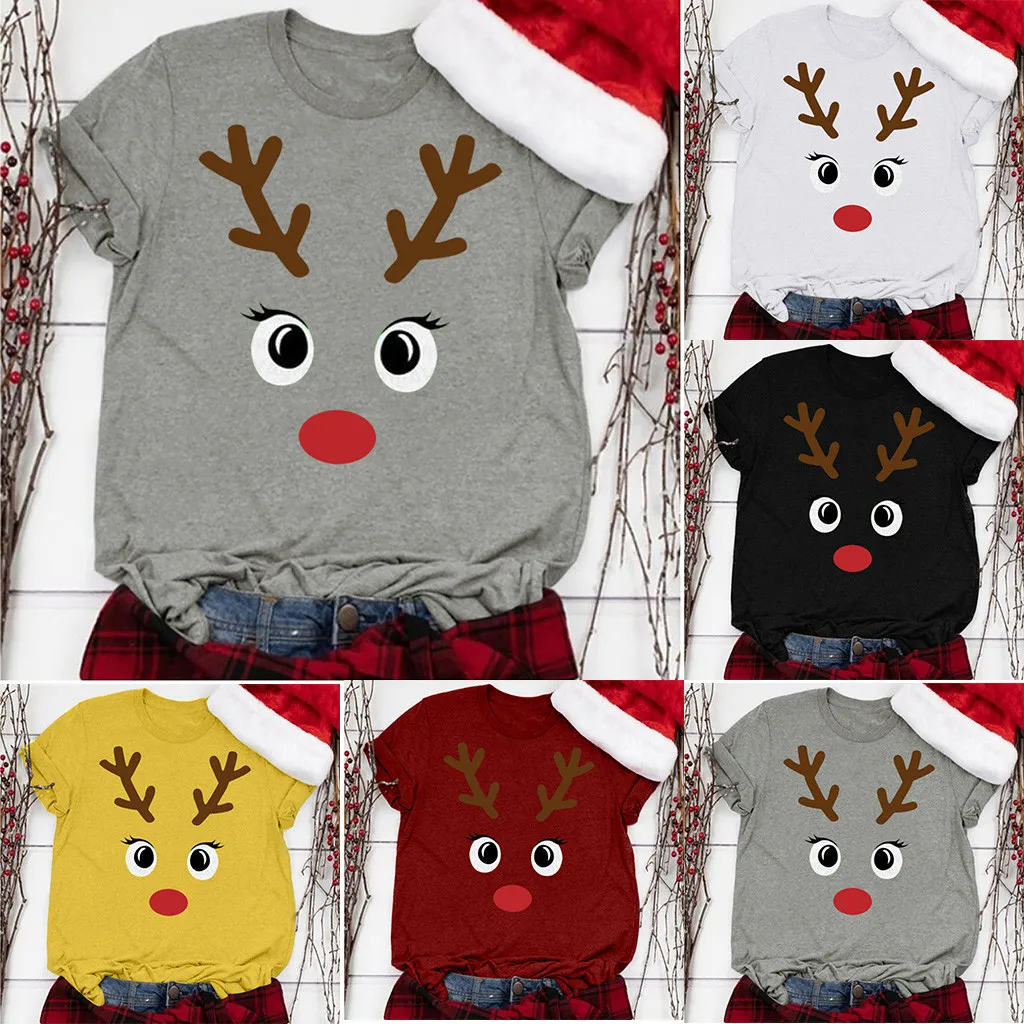 Женские рождественские рубашки с круглым вырезом и принтом, женская футболка с коротким рукавом, повседневные стильные топы, осенняя и зимняя рубашка с коротким рукавом