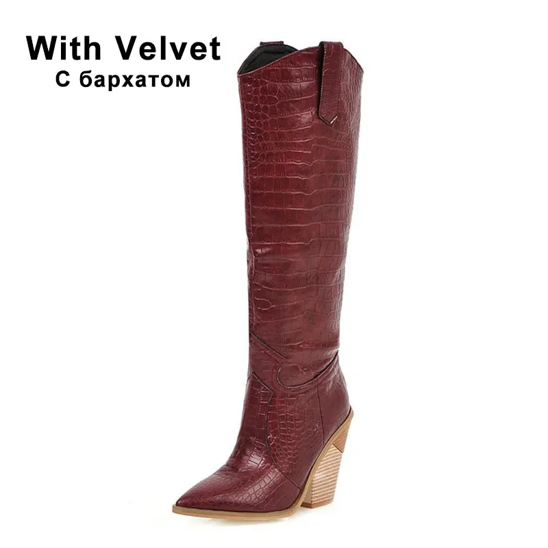 KemeKiss/женские сапоги до колена размера плюс 34-48 модные каменный принт пикантная обувь в стиле девушка-ковбой женские зимние сапоги на высоком каблуке - Цвет: red velvet