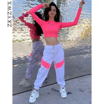 

ZKYZWX Sweatpants Women Neon Splice Cargo Pants Streetwear Front Zip Loose Trousers Thin High Waist Hip Hop Dance Pants Joggers