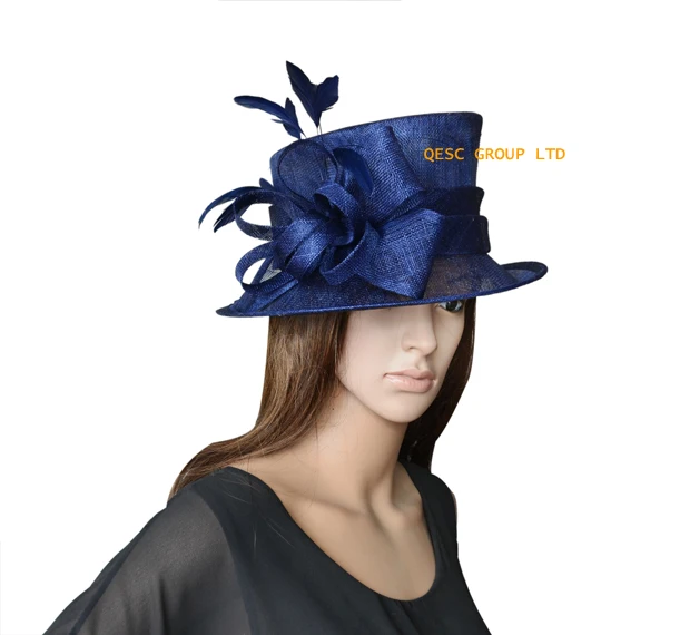 NAVY BLUE Черные/белые маленькие свадебные шляпы sinamay с перьями - Цвет: NAVY BLUE