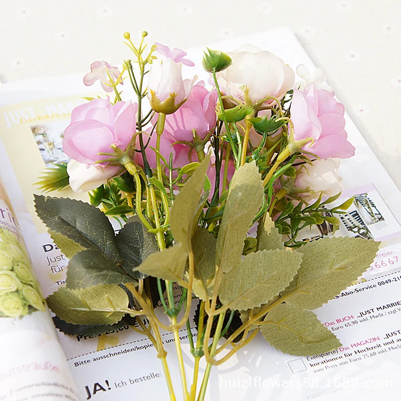 Искусственные цветы 13 голов/Букет шелковые розы с маленькими бутонами имитация цветов зеленые листья домашних ВАЗ осенний декор для свадьбы P20