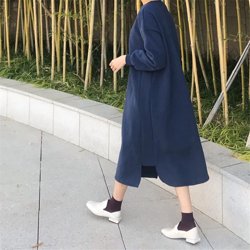 RealShe, Свободное длинное платье, элегантное, с круглым вырезом, с длинным рукавом, с разрезом, платье-Толстовка, весеннее, повседневное, элегантное, уличная одежда, женские платья