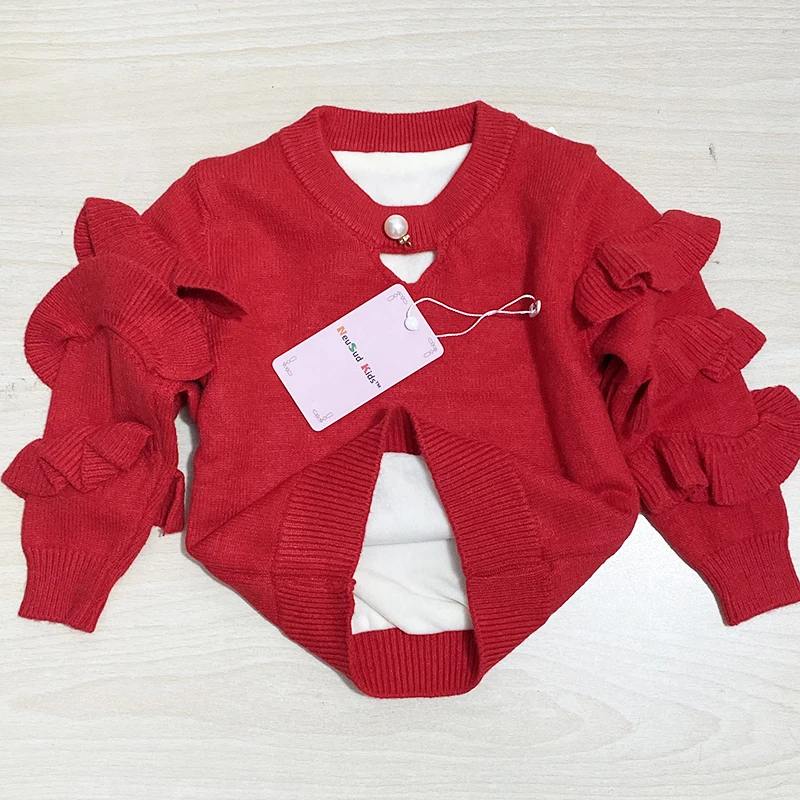 Red Thicken Новые осенние детские свитера, зимний детский вязаный свитер, детские свитера с оборками на рукавах, базовые свитера для девочек 12 мес.-5 лет,#2376 - Цвет: Red Thicken