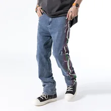 Pantalones vaqueros con estampado de rayos laterales para hombre, Jeans holgados, informales, desgastados, estilo Hip Hop, Punk, Vintage, 2021