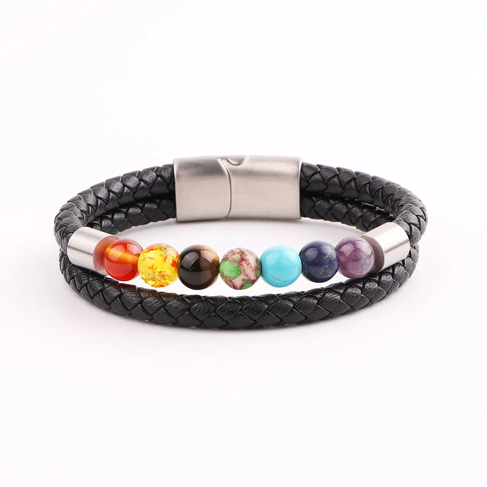 JARAVVI New Design Stainless Steel Magnet Clasp Natural 7 Chakra Energy Stone Genuine Leather Bracelet Men - Image 3