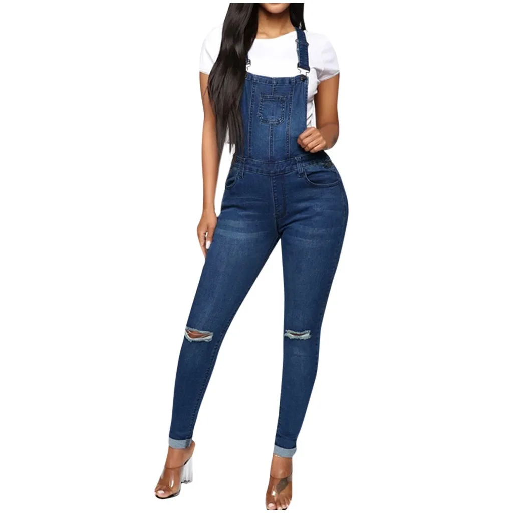 Women Casual Pocket Jean Leggings Hole Splice Trouser Rompers Pant Bib Pants Women Denim Slim Elasticity Skinny Pants New