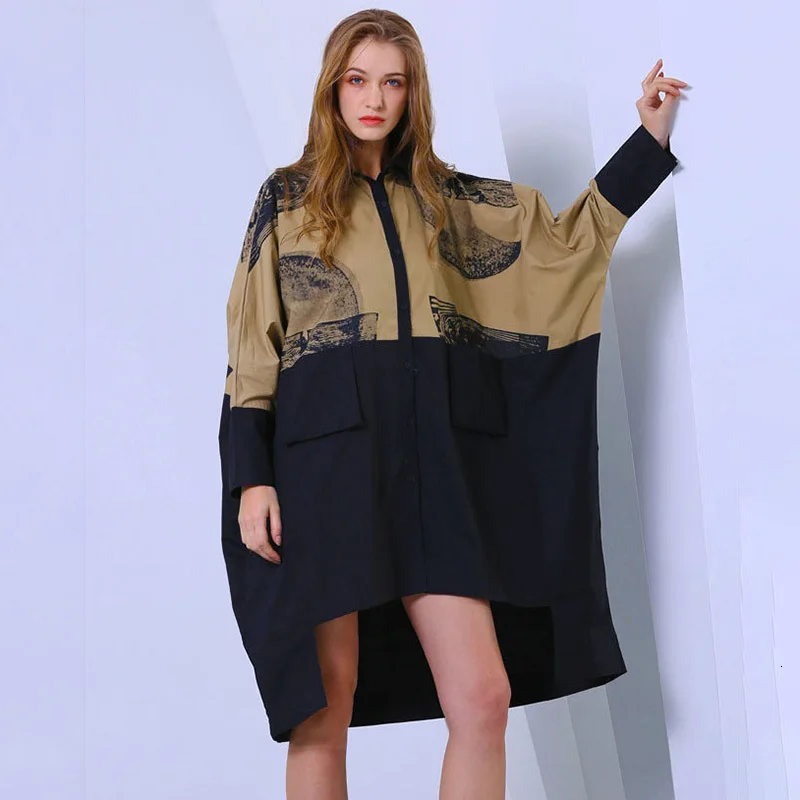 

LANMREM Europe Style 2019 Large Size Women's Spring New Bat Sleeve Shirt Irregular Print Patchwork Lapel Blouse Vestido YG304