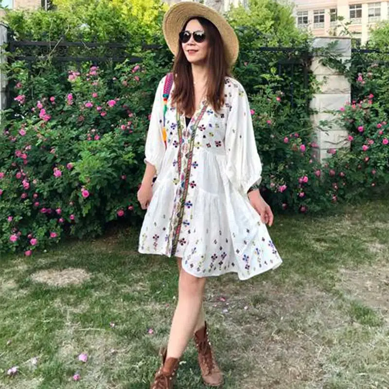Женское платье-туника BOHO INSPIRED белое хлопковое с v-образным вырезом и длинным