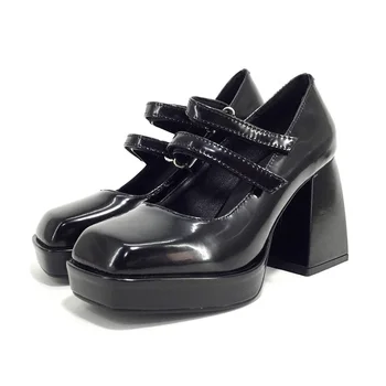 

classic retro design leather pumps super high heel square toe ankle strap ladies platform party wedding dress shoes woman pumps