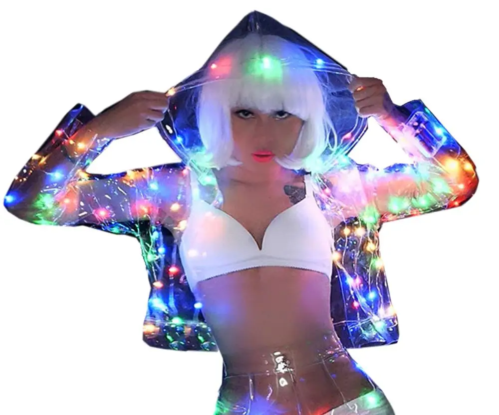 

Women's Nightclub DJDS Costume Bar Female Singer Dancer Cool LED Light Transparent Jacket Pants Suit Party Fancy Dress