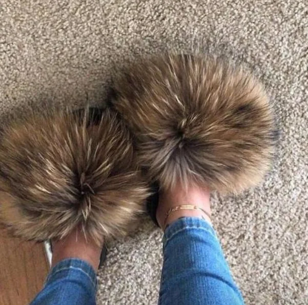 

2020 indoor Slides flat shoes 100% Real Fox Fur Slippers Slides Casual Shoes Fluffy Slippers Flip Flops Furry Shoes Women