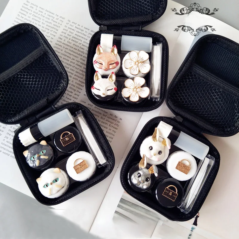 

Cute Cartoon Animal Contact Lens Case With Mirror For Women Eyewear Accessories Travel Box 2Pairs Container For Lenses