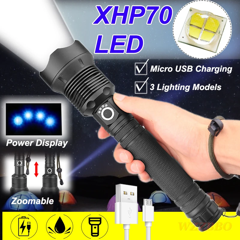 

Powerful LED Flashlight with XHP 70 Lamp Bead Zoomable 3 Lighting Modes LED Torch Support for Mircro Charging Hunting Lamp