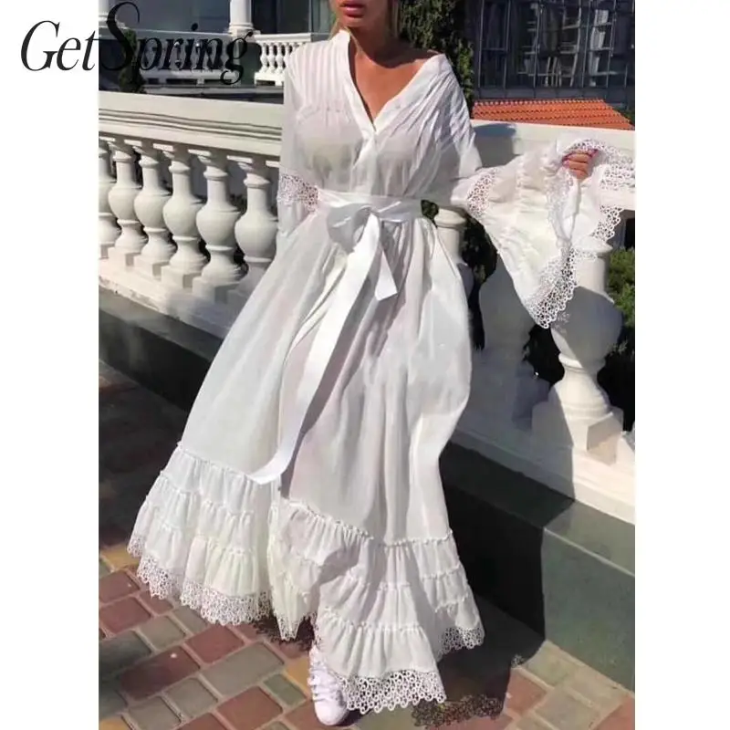 

GetSpring Women Dress V Neck Flare Sleeve Vintage Dress Retro Maxi Dresses Lace Up High Waist Large Hem Pleated Long Dresses New