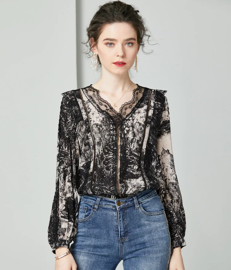 Silk T Shirts Spring Lantern Sleeve Black Lace Sexy Ladies Tops Hollow Out Mesh V Neck Print Pullover Tees Women Clothing