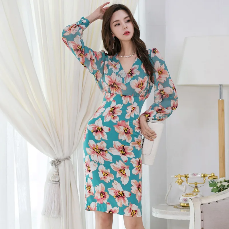 

WOMEN'S Dress 2019 Spring xin ming yuan Elegant V-neck Fashion Printed Slim Fit Slimming Midi-skirt Dress Women's