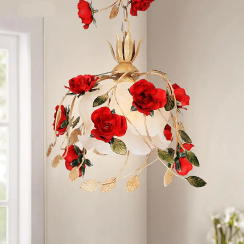 

Rustic Rural French Restaurant Decoration Bar Lamp Red Rose Flower Led Pendant Light Kitchen Modern Staircase Balcony Hallway