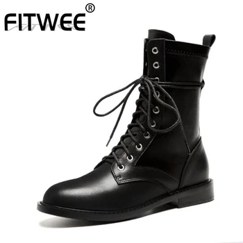 

FITWEE Women Mid Calf Boots Genuine Leather Cross Strap Autumn Winter Flats Shoes Women Black Casual Party Footwear Size 34-39