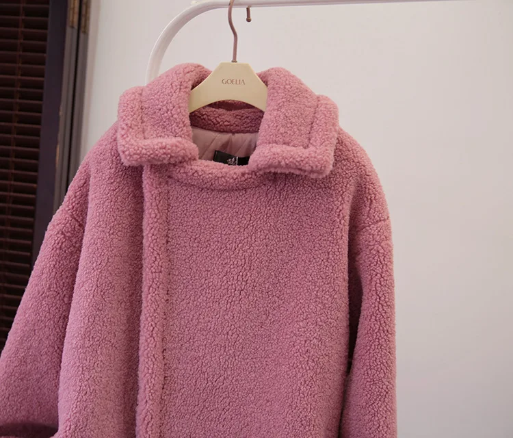 Зимний толстый теплый длинный плюшевый Тренч, пальто для женщин, мех ягненка, коричневый, красный, розовый, шерсть, свободная пушистая куртка, шуба, высокое качество