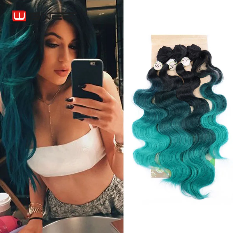Wignee 4pcs/Lot 3 Bundles With Closure Wave Synthetic For Women Heat Resistant Blue/Purple/Brown/Grey Hair For Women Extensions