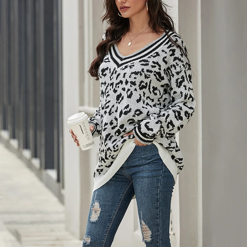 

2020 Autumn Sweater Women Casual Knitted Sweater Tops Fashion Long Sleeve V-Neck Female Pullover Jumper Leopard Print Thick New