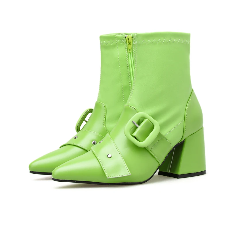 

Botines Mujer Female Shoes Fashion Elastic Force High Heels Boots Women Ankle Boots Low Heel Pointed Toe Fall Boots Green Boots
