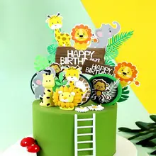 Adorno de pastel de animales para niños, adorno de pastel de feliz cumpleaños con temática de León, conejo, Safari, jungla, Zoo