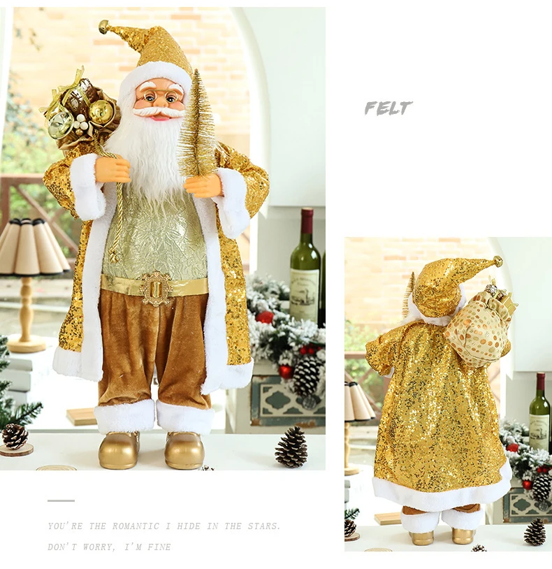 

New Fashionable Christmas Gold Glitter Cute Santa Claus Home Christmas Decorations Beautiful, Safe And Durable Santa Claus Doll