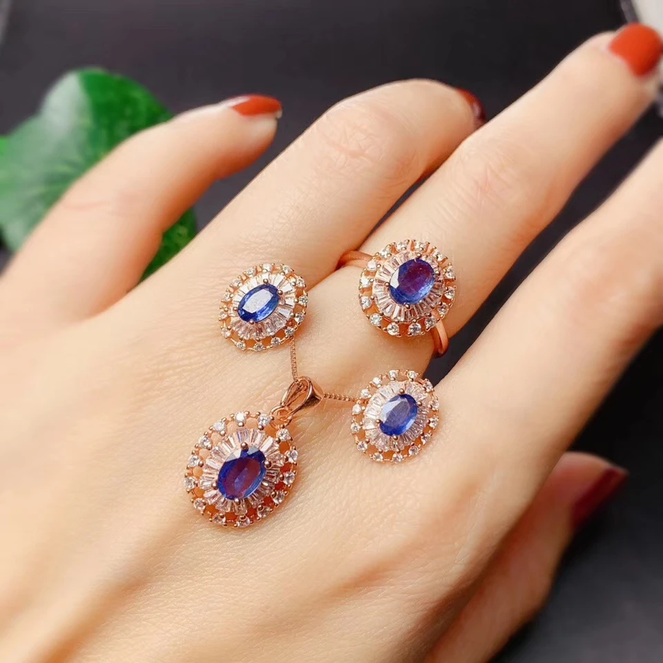 silver jewelry set blue sapphire ornament including ring earrings necklace real 925 sterling natural gem women party gift | Украшения и