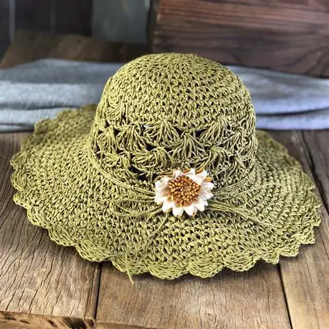 扇形钩花黄心葵花边草帽黄绿色