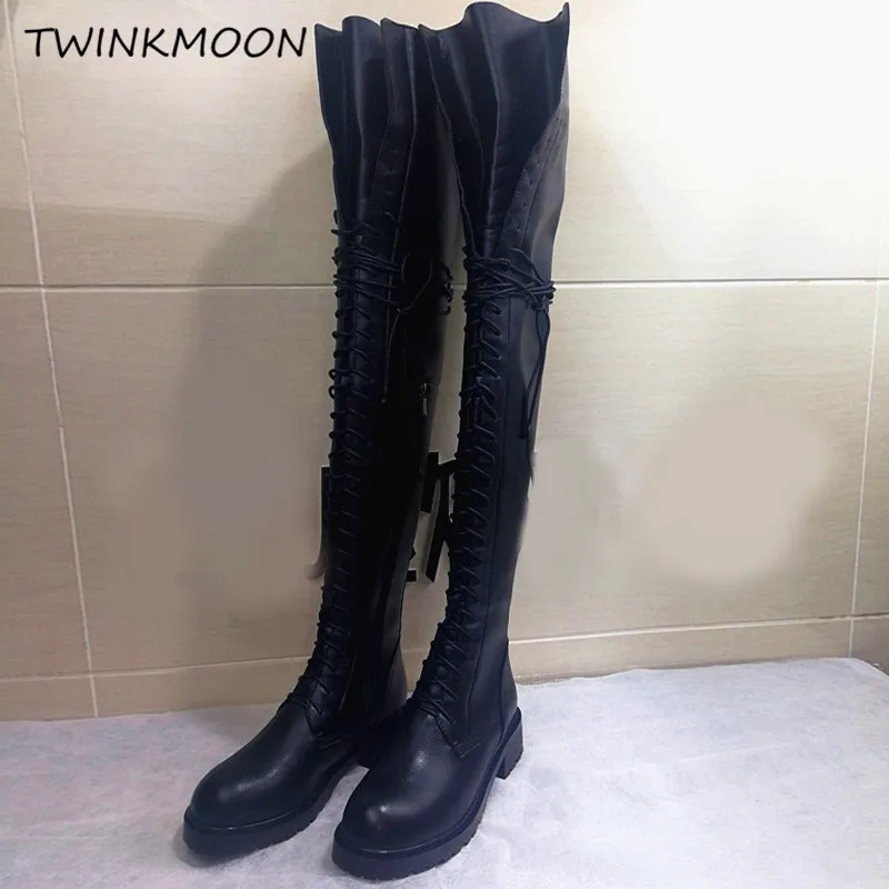 Lace Up Thigh High Boots Women's Winter High Boots Leather Square Heel Over The Knee Boots Round Toe Rubber Sole Shoes Plus
