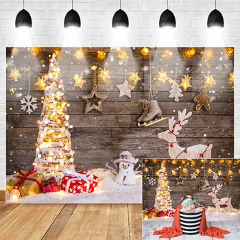 

Winter Snowman Photo Backdrop Wood Floor Christmas Tree Gift Boy Toy Photography Background White Snow Wall Studio Supplies Prop