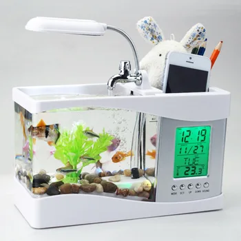 

3W Desktop Mini Aquarium with LED Light LCD Display and Clock Screen Aquarium Decoration Fish Tank USB 220V with Pebbles