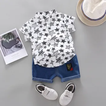 

6M-3 Years Toddler Kids Baby Boy Short Sleeve Stars Pattern Shirt Tops+ Denim Pants Set 2020 Fashion Cotton Baby Outfits