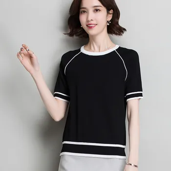 

Ladies new round neck stitching short sleeve knitted T-shirt red