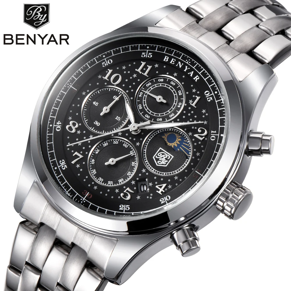

BENYAR Watch Men Top Luxury Business Watch Moon Phase Full Steel Chronograph Sport Military Quartz Watch Relojes Para Hombre