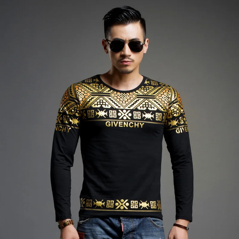 Black Большие размеры 4XL, винтажная Осенняя мужская футболка в Корейском стиле с золотым принтом, хлопковая облегающая одежда с длинным рукавом,, смешная уличная одежда большого размера - Цвет: Black