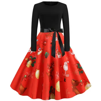 

Retro Long Sleeve Autumn Winter Dress 2019 Women Print Elegant Christmas Party Dress Casual Rockabilly Vintage Dress Robe jurken
