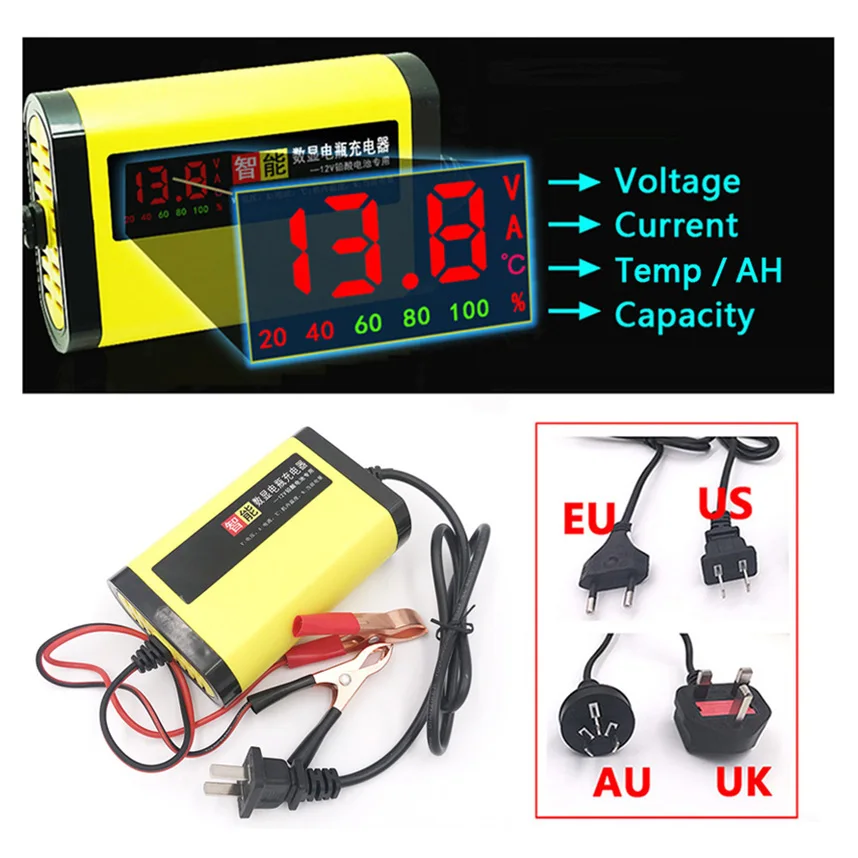 12 V 2A салона автомобиля Мотоциклетные батареи Зарядное устройство полностью автоматический ЖК-дисплей Дисплей 12 вольт Авто Мото AGM свинцово-кислотный гель интеллигентая(ый) 220 в ЕС
