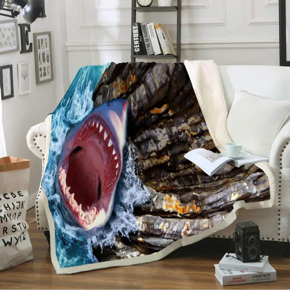 

Marine Life Cartoon Shark Throw Blanket 3d Printing Sherpa Fleece Microfiber Blanket on Sofa Bed 150x200cm Coral Blanket for Kid