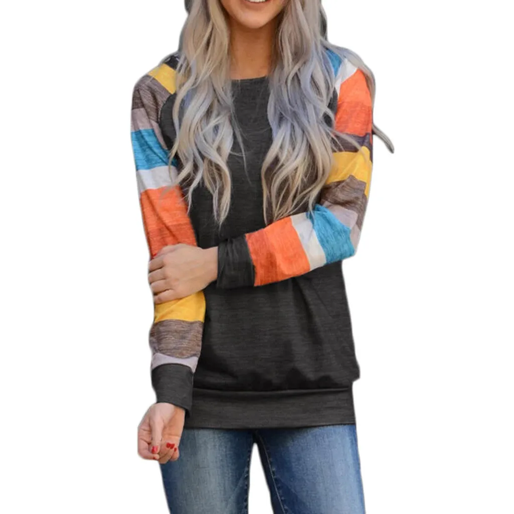 

Rainbow Tshirt Women Colorful Stripe Long Sleeve Shirt Loose Color Block Patchwork Tee Shirt Femme Camisa Feminina Women T Shirt