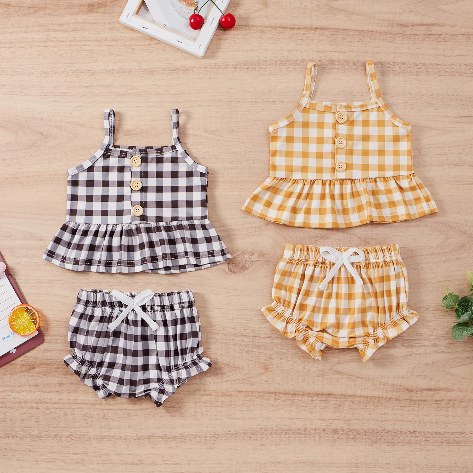 Infant Baby Girl Sleeveless Ruffles Waist Shirt Vest Top Plaids Shorts Set