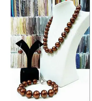 

Free Shipping Big 12mm round chocolate South Sea Shell Pearl Necklace Bracelet Earring Set New