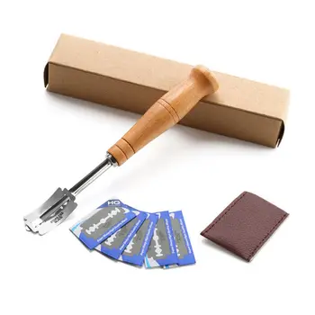 

1set Bread Bakers Cutter Slashing Tool Bread Dough Scoring Blade Tools Making Razor Cutter Curved Knife with Leather Protectivel