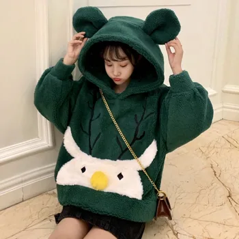 

2019 Hoodies Women Autumn Winter Cute Korean Of Lazy Wind Cartoon Embroidery Imitation Lamb Fur Hooded Loose Jacket Coat Female