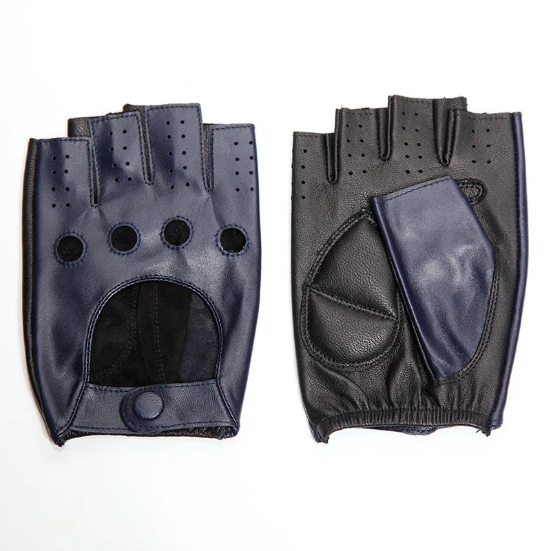 black navy blue Новые женские перчатки из натуральной кожи с полупальцами, Нескользящие Дышащие Перчатки для фитнеса без пальцев, перчатки из козьей кожи, женские D0128-9W - Цвет: black navy blue