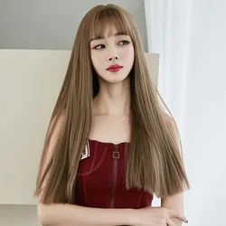 Women's Long Hair Wig High Temperature Resistant Fiber Full Hood Black Long Straight Hair Natural Air Bangs Realistic