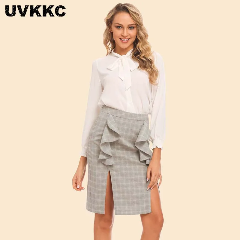 

Uvkkc Women Plaid Skirts 2019 Summer Fashion Femme Bodycon Bottom High Waist Patchwork Casual Ruffle Split Sexy Skirt For Women