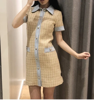 

2020 New Tweed Women Dress Denim Side Patchwork Turn-down Collar Ladies Single Breasted Short Dresses With Pockets
